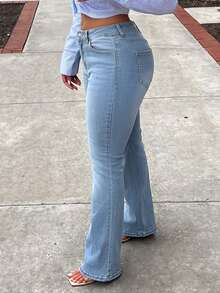 Classic Mid-Rise Flare Leg Washed Women's Jeans, Suitable For Commuting, Casual Vacation, Dating - Light Wash - View 4