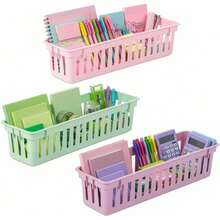 1/3/4/6pcs Classroom Pencil Storage Basket, Plastic Stationery Organizer, 25.5x7.5x6cm Colorful Pen Holder Storage Box, Suitable For Teachers, Students, Home Learning And Office - Multicolor - View 6