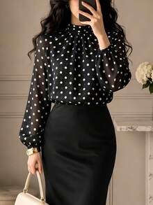 Women's Autumn Black Polka Dot Chiffon Ruched Blouse, Semi-High Neck, Back Bow, Long Sleeve, Commute Daily Elegant Blouse, Vacation Style - Black - View 2