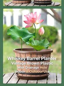 1pc Upgraded Whiskey Barrel Shaped Planter Set, Vintage Brown Plastic Flower Pot With Drainage Hole, Rustic Durable Decor Plant Container For Indoor Outdoor Garden Home Greenery Decor - Vintage Flower Pot - View 10