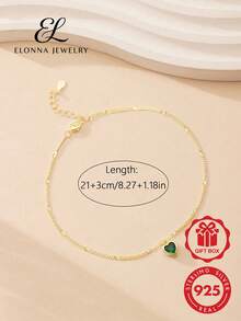 SYMFNY 925純銀腳鍊，心形綠色鋯石鑲嵌，適合女性日常與通勤穿戴 - 金黃色 - 查看 3