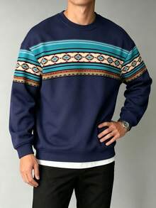 Men's Vintage Geometric Print Loose Drop Shoulder Long Sleeve Sweatshirt - Multicolor - View 2