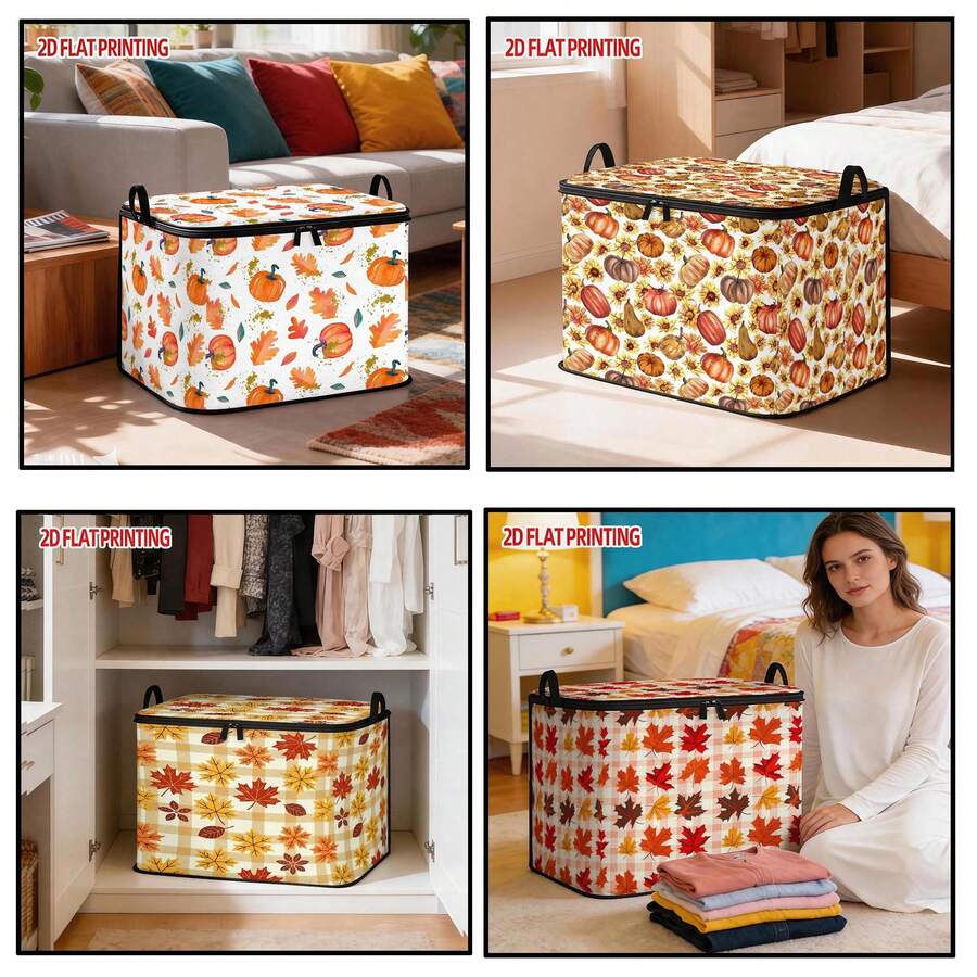 1PC Autumn Pumpkin Maple Leaf Print Storage Bin, Foldable Oxford Fabric Zipper Organizer With Double Handles, Large Capacity Clothes Sundries Storage Box, Fall Thanksgiving Home Storage Container