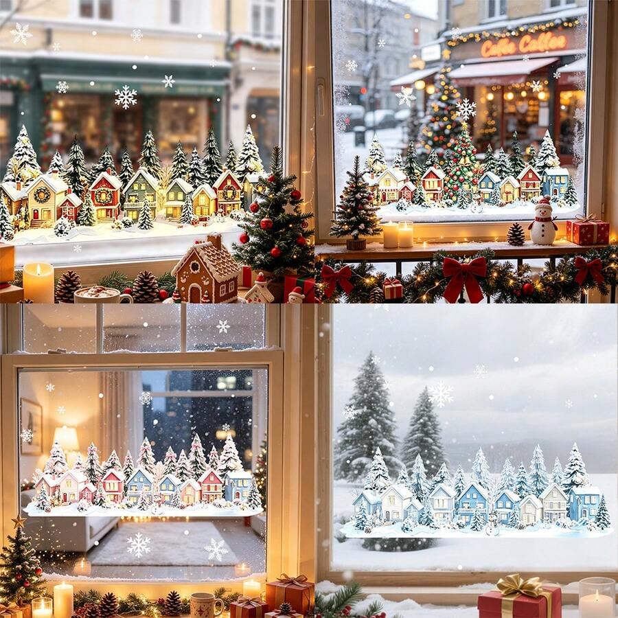 1pc Christmas Village Town Window Static Stickers, Winter Mini House Pine Tree Snowflake Scenery Design Reusable No Glue Removable Glass Decals For Home Store Cafe Front Door Xmas Winter Holiday Party Home Decorations. - Multicolor - View 1