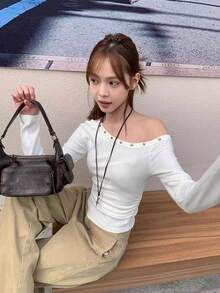 Y2K Autumn Korean Style Sexy Asymmetrical Shoulder Slim Fit Flattering Cold Shoulder Ruched Rivet Design Long Sleeve T-Shirt Women Top - White - View 4