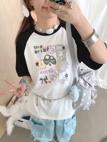 Y2K可愛天使女孩卡通印花落肩袖T恤，亞文化壞女孩風百搭女款休閒白色夏季上衣 - 白色 - 查看 2