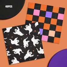 Halloween Ghost Napkins, Black Paper Napkins With Cute White Ghost Design, Orange Purple Checkerboard Disposable Dinner Napkins For Spooky Halloween Party, Boo Party Table Decor Supplies - Style 1 - View 10