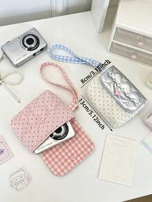 Cute Quilted CCD Storage Bag With Wrist Strap Heart Decor Small Storage Pouch, Sweet Polka Dots Earbud Lipstick Holder Bag Cosmetic Card Wallet - Multicolor - View 2