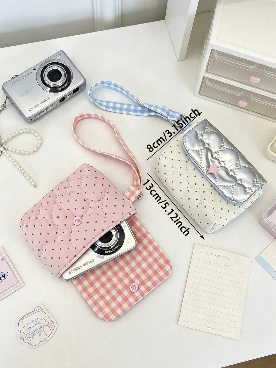 Cute Quilted CCD Storage Bag With Wrist Strap Heart Decor Small Storage Pouch, Sweet Polka Dots Earbud Lipstick Holder Bag Cosmetic Card Wallet