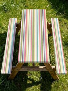 Juego de 3 piezas de mantel para picnic con funda para banco, diseño de borde elástico, patrón a rayas, mantel rectangular lavable, adecuado para bodas, camping, picnics, fiestas en el jardín y talla grande, esencial práctico - D - Ver 7