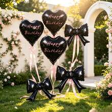 Black Heart & Bow Foil Balloons Set With Pink Ribbons, Happy Birthday Print For Birthday Party Decor - View 1