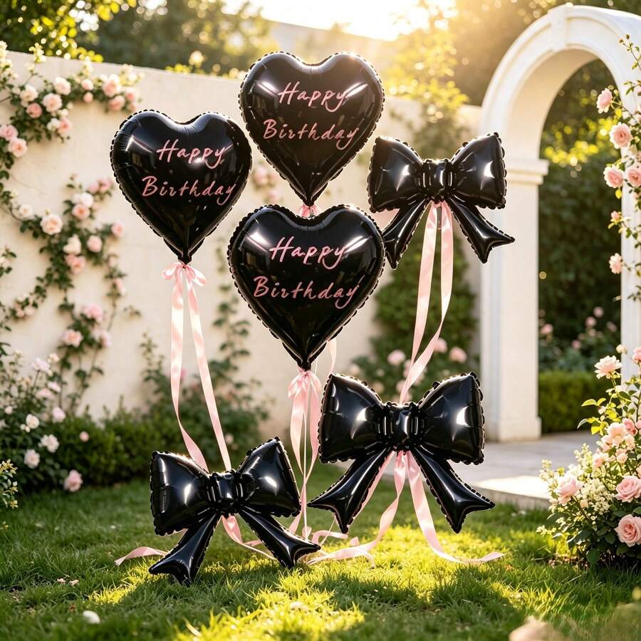 Black Heart & Bow Foil Balloons Set With Pink Ribbons, Happy Birthday Print For Birthday Party Decor - View 1