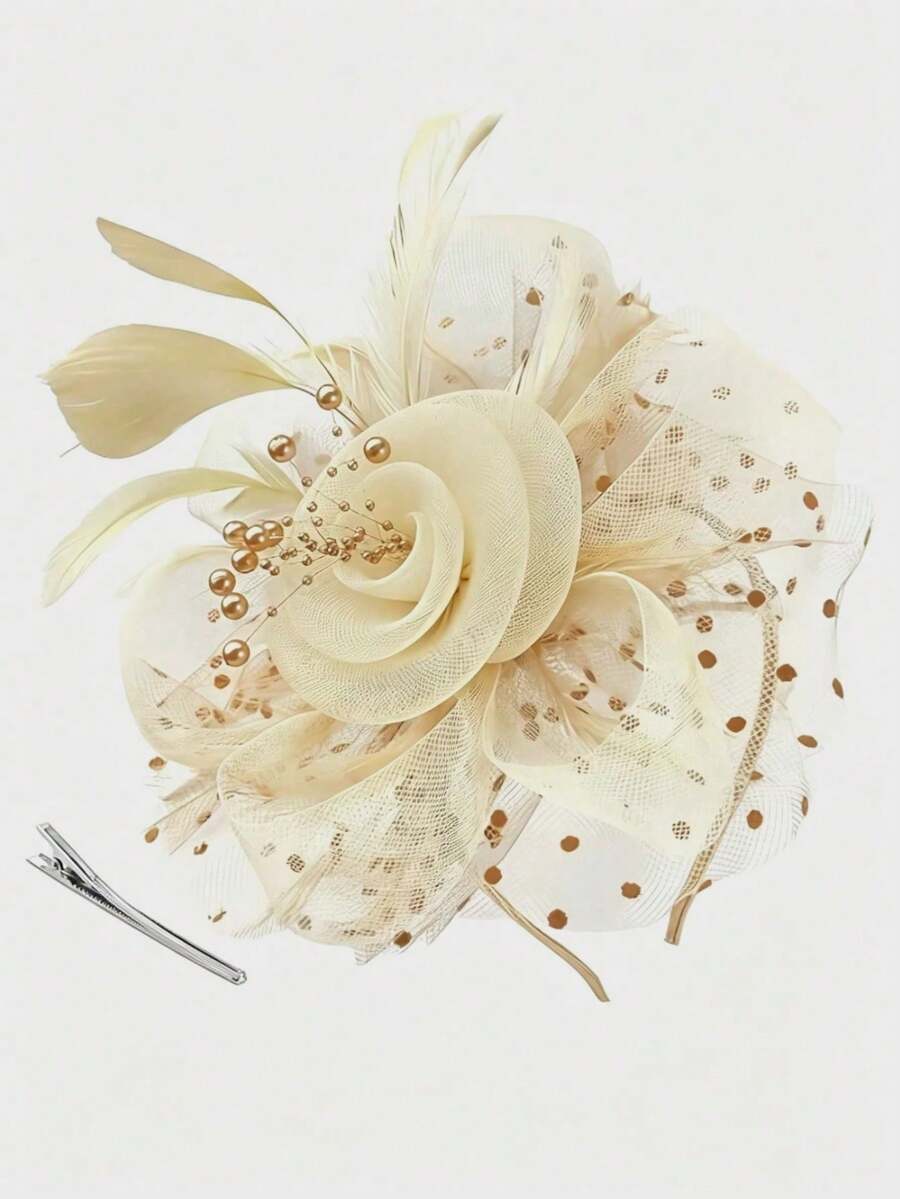 1pc Women's Tea Party Headband, Kentucky Derby Floral Mesh Hair Clip, Suitable For Wedding, Summer, Beach, Festival, Birthday - Beige - View 1
