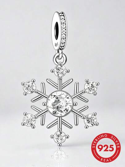 1pc S925 Sterling Silver Snowflake Pendant, Fully Pave White Zirconia Winter Ice Crystal Charm, DIY Bracelet Perforated Silver Bead Pendant
