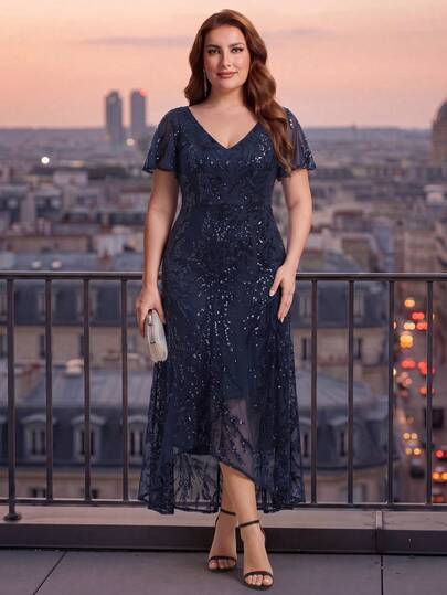 EVERPRETTY Vestido de Noche Formal de Lujo Talla Grande Azul Marino con Lentejuelas Florales Cuello en V Largo Asimétrico con Volantes para Eventos Semiformales Madre Invitada Baile de Graduación