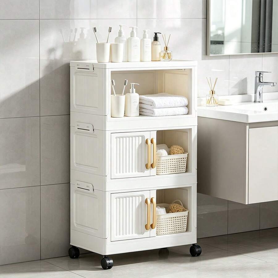 Wheeled Foldable Storage Cabinet, Vertical Transparent Door Stackable Organizer Unit, Multi-Layer Plastic Storage Drawers, Suitable For Wardrobe Living Room Bathroom, Multi-Functional Home Miscellaneous Storage Rack - View 1