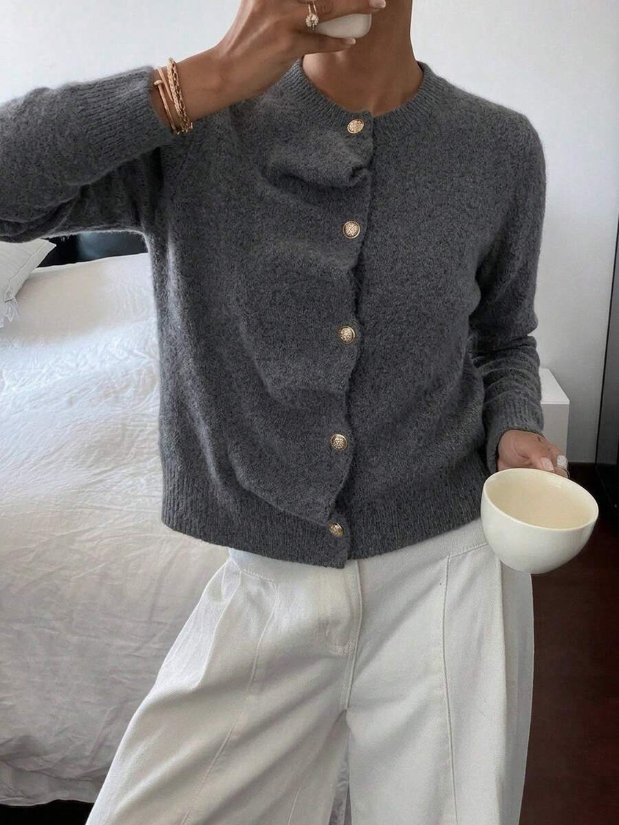 Women's Autumn/Winter Dark Gray Round Neck Short Knit Cardigan, French Style Asymmetrical Ruffle Hem Gold Button Sweater - Grey - View 1