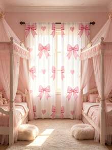 2pcs Sweet & Cute Style Curtains, Pink Bow & Heart Pattern, Flat Print, Easy To Use, Baby Shower Decoration, Kids Room, Home, Holiday Decor, Baby Gift - Multicolor - View 5