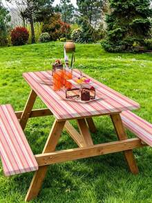 3 Pieces Picnic Tablecloth Set With Bench Cover, Elastic Edge Design, Striped Pattern, Washable Rectangular Tablecloth, Suitable For Wedding, Camping, Picnic, Garden Party And More, Practical Essential - B - View 5
