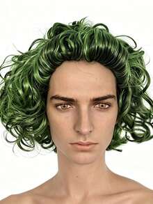 1pc Short Green Curly Wavy Wig, Clown Costume Hair Accessory, Anime Character Wig Prop, Halloween Party Outfit Matching Headpiece, Unisex Green Wig - Multicolor - View 2