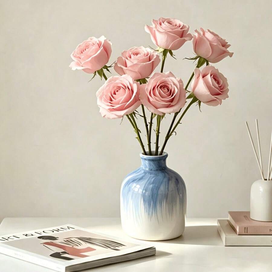 1pc Hand-Painted Blue Minimalist Style Ceramic Decorative Vase For Dried And Fresh Flowers, Living Room Floral Arrangement, Model Room Entryway Ornament, Desktop Floral Display, Small Flower Vessel - Multi-color - View 1