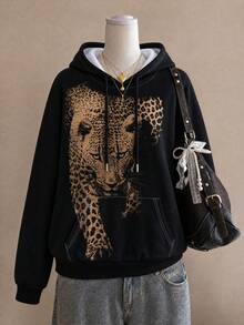 1pc Women's Vintage Leopard Print Warm Drawstring Hooded Sweatshirt, Y2K Street Style Pullover, Autumn/Winter Casual Daily OOTD - Black - View 2