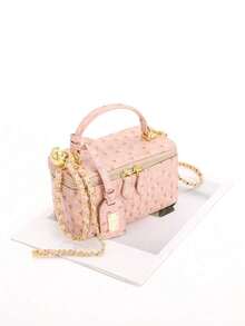 Tas Tangan Bergaya Klasik Lembut dengan Tekstur Elegan Motif Kulit Burung Unta, Desain Tali Bahu Anyaman Rantai, Tas Bahu Bergaya Modis dan Indah. - Berwarna merah muda - View 8