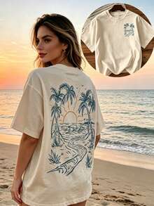 Letter Print T Shirt Women, Casual Loose Fit Round Neck Short Sleeve T-Shirt, Summer Graphic Tee, Basic Slogan Top, Everyday Wear, Women's Casual Tee - 杏色 - 查看 1