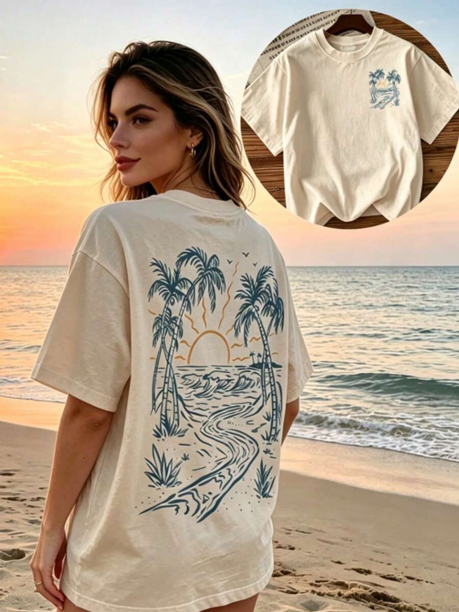 Letter Print T Shirt Women, Casual Loose Fit Round Neck Short Sleeve T-Shirt, Summer Graphic Tee, Basic Slogan Top, Everyday Wear, Women's Casual Tee - 杏色 - 查看 1