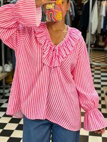 Blus Wanita Baru dengan Motif Garis-Garis dan Rumbai/Ruffle, Atasan Baru untuk Liburan Pantai Musim Gugur/Dingin Warna Pink - Berwarna merah muda - View 6