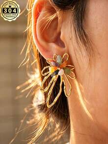 1 Pair Women's Colorful Natural Stone Stainless Steel Earrings, 18K Gold Plated, Hollow Flower Design, Women's Stainless Steel Jewelry, Stainless Steel Material Resistant To Fading And Hypoallergenic, Women's Jewelry, Women's Accessories, Best Gift Choice - Style 1 - View 4