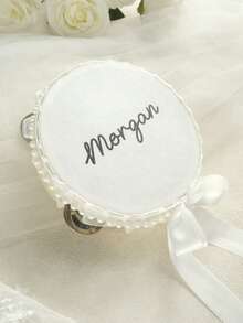Custom 6 Inch Classic Wedding Handheld Tambourine With Single Row Metal Jingles Ribbon Bow And Pearl Decor Personalized Musical Rhythm Percussion Instrument For Wedding Ceremony Bridal Shower Reception Party Dancing (Drumstick Not Included) - White - View 13