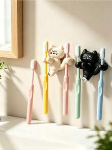 1pc Cute Cat Shaped Wall Mount Holder, Functional Toothbrush Rack + Cable Organizer, No-Drill Adhesive Hook, Suitable For Bathroom Sink, Desktop Charging Cable Storage - Multicolor - View 5