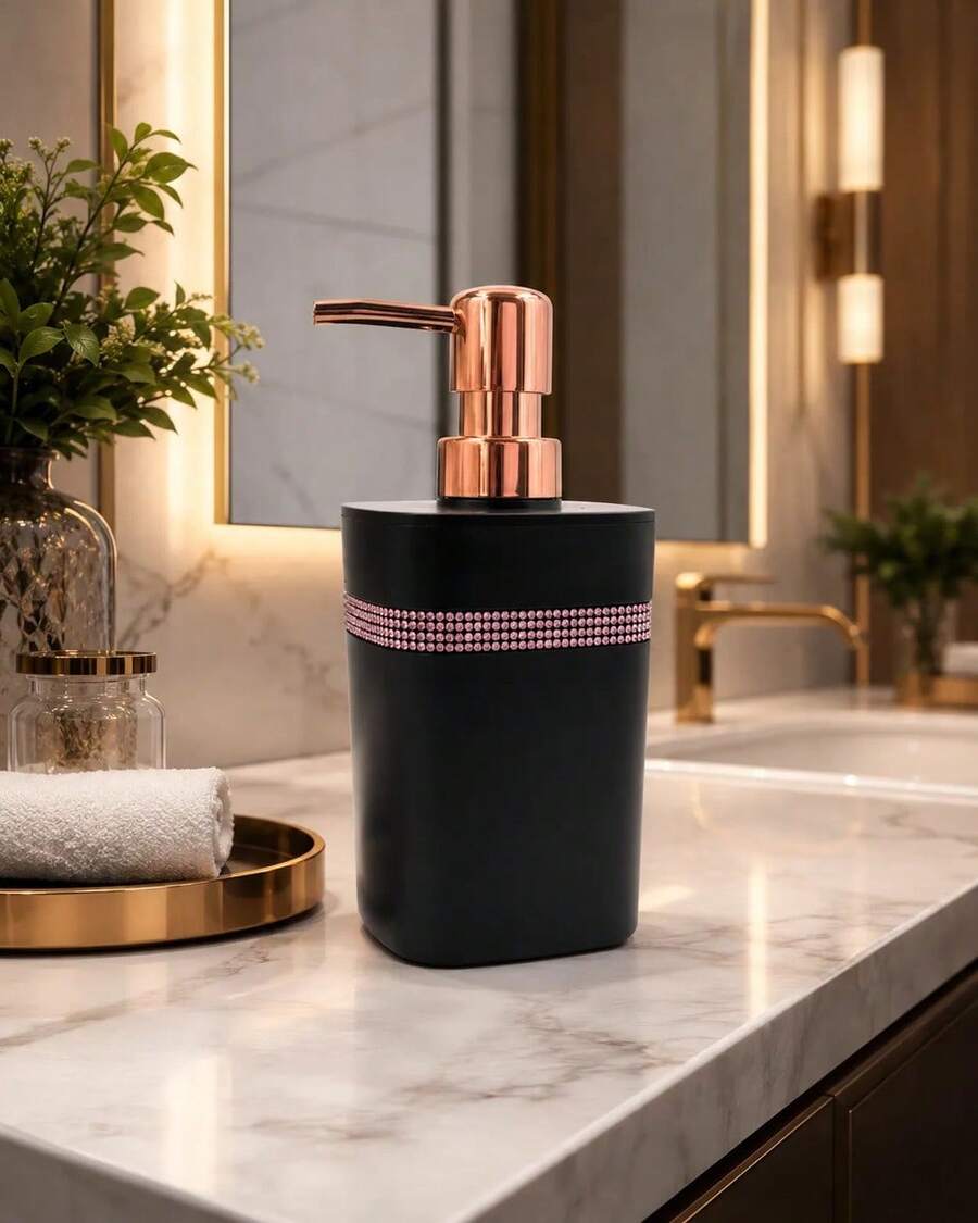 Micromax Porta Sabonete Liquido Com Strass Preto 300ml Luxo Rose - Multicolorido - Visão 1