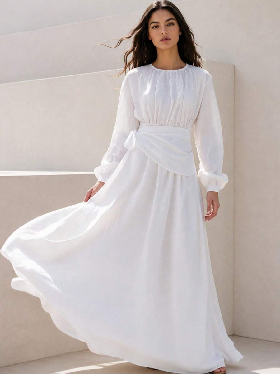 Cremefarbenes langes Kleid mit elastischem Bund und abnehmbarem Gürtel - 7051 - Weiss - Übersicht 1