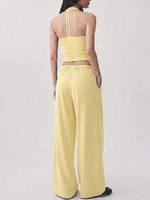 FWH Women's Spaghetti Strap Backless Sports Set, Women's Tank Top + Straight Loose Long Pants Sports Two Pieces Set Yellow - Yellow - View 5