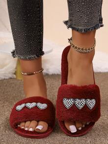 Retro Wine Red Plush Slippers For Women With Diamond Studded Heart Decoration, Exposed Toes, Straight Drag, Indoor Drag, Beach Fine Plush Lining - Burgundy - View 2