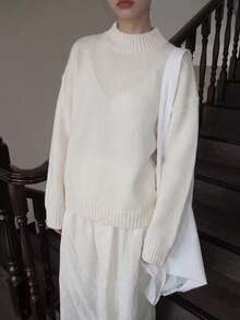 Minimalist Commuter Style Women's Comfortable White Short Chunky Knit Sweater Fall - White - View 5
