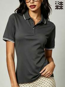 mulinsen 女款 Polo 衫，冰絲薄款運動領短袖 T 恤，透氣輕量跑步訓練上衣 - 深灰色 - 查看 4