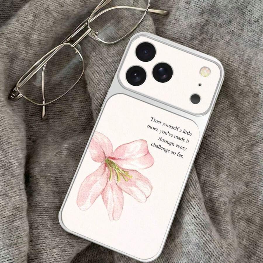 1pc TPU Material Elegant Pink Flower English Quote Pattern Phone Case Suitable For IPhone 17 Pro Max/17/16 Pro Max/15/14/13/12/11 Full Coverage Anti-Drop Soft Shell Phone Protective Cover - Silver - View 1