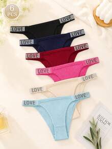 6pcs Women's Panty Set Ribbed Thong Letter Print Rhinestone Low Waist Sexy G-String High Elasticity Underwear - Multicolor - View 7