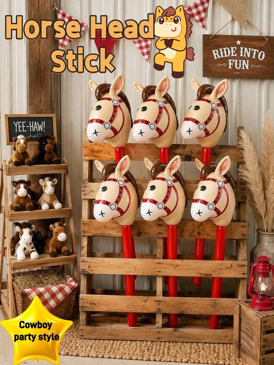 1pc 37 Inch Inflatable Stick, Inflatable Cowboy Horse Head Stick, Pony Stick Balloon, Suitable For Party, Birthday Theme Party, Home Decor, Family Gathering Photo Props