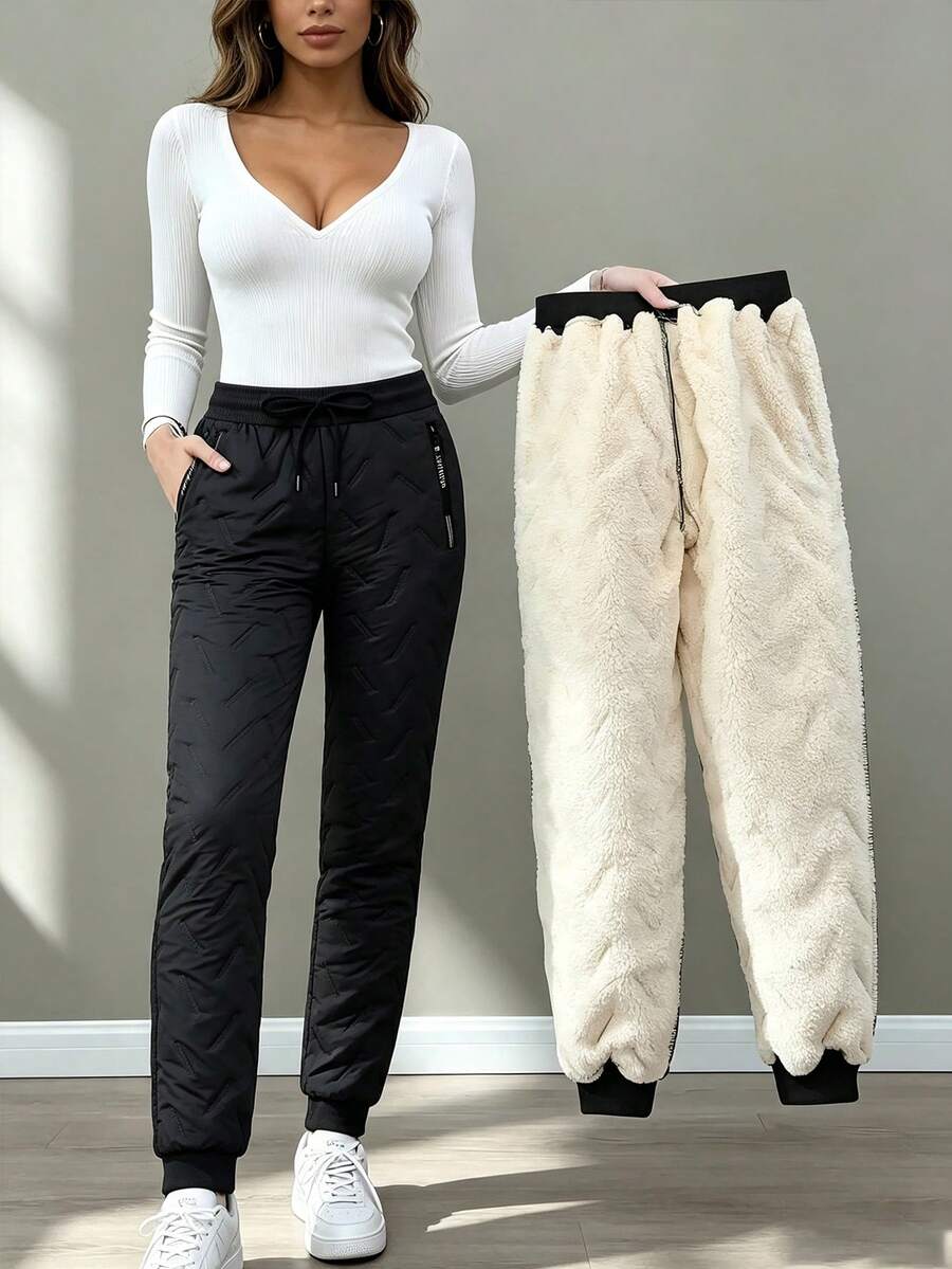 1 Pair Fleece Lined Drawstring Waist Straight Leg Pants With Zipper Pockets, Cuffed Hem, Winter Warm Casual Long Pants, Suitable For Running, Outdoor, Gym - Black - View 1