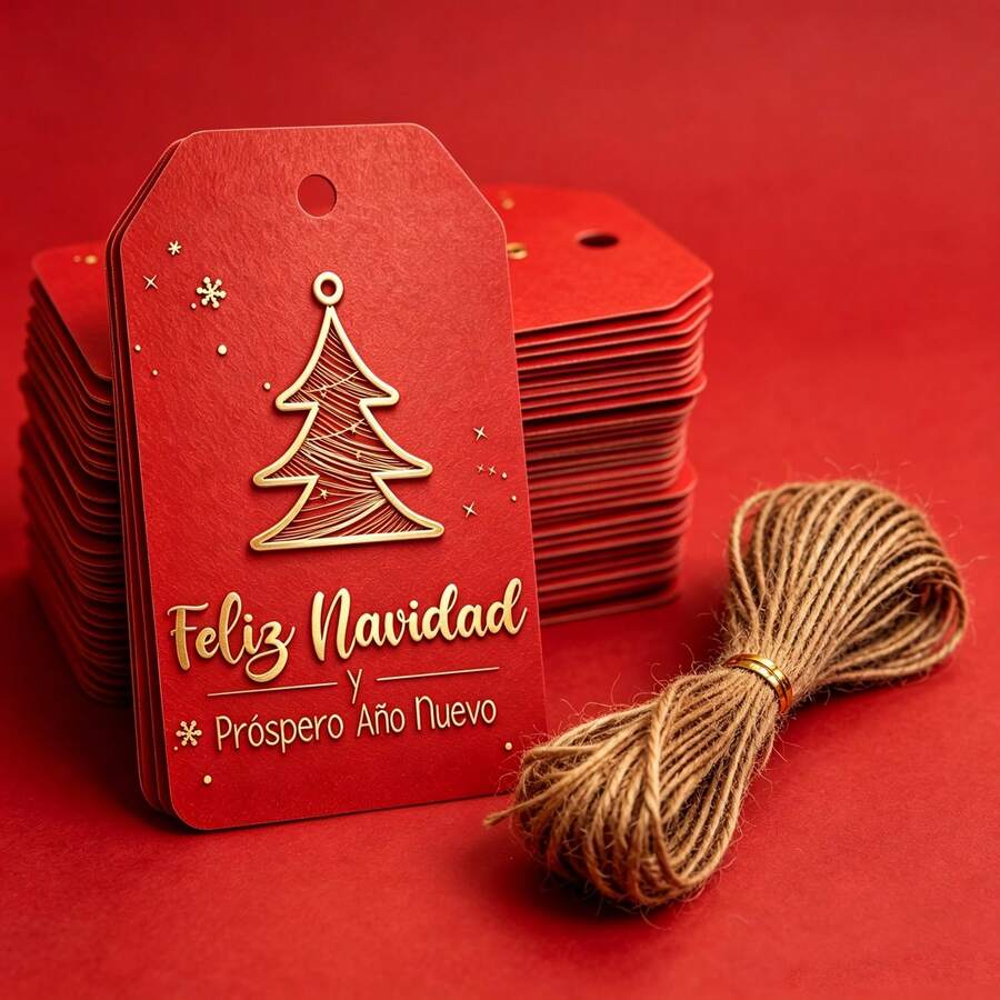 Red Background Gold Letter Spanish Christmas Tags, With Jute Rope, 2D Flat Card Latin American Christmas Greeting Gift Tags, Gift Box Packaging Decoration Tags - Multicolor - View 1