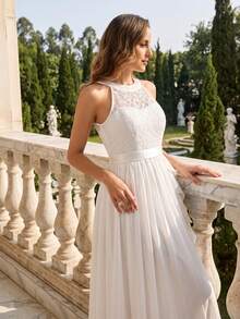 YUMIBRAVO Elegant Bridal Destination Wedding Gown, Chiffon Floor-Length White Dress, Suitable For Wedding Ceremony, Bridal Party, Beach Wedding - White - View 8