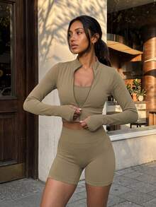 11SKNDS Ribbed Seamless Zip-Up Crop Jacket Long Sleeve Mock Neck Body-Enhancing Fitted Activewear Top - Mocha Brown - View 1