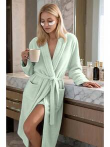 Bathrobe Soft Touch Contain Cotton Bathrobe For Women & Men - Made In Turkey, Lightweight, Absorbent, Comfortable Bath Robe - Mint Green - View 3