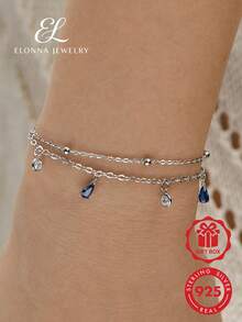 SYMFNY 1pc Fashionable & Exquisite & Simple Blue Teardrop Cz Chain Bracelet Suitable For Women's Daily Wear Holiday - Double layer - blue water drop - View 1