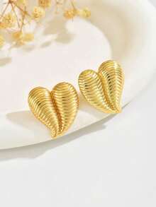VceTd 2PCS Fashion Romantic Style Asymmetrical Heart-Shaped Stainless Steel Stud Earrings For Women, Suitable For Daily Wear, Dates Or Holiday Gifts - Yellow Gold - View 4