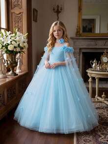 Tween Girls Mesh 3D Floral Princess Dress Elegant Formal Gown For Ball Party, No Headband - Blue - View 3